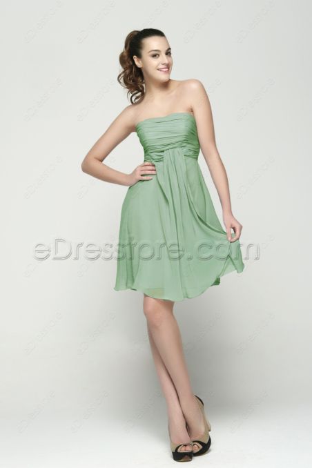 Strapless Sage Green Summer Bridesmaid Dresses Knee Length
