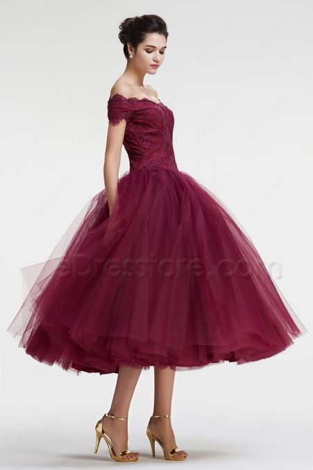 Burgundy Off the Shoulder Ball Gown VIntage Prom Dresses Tea Length