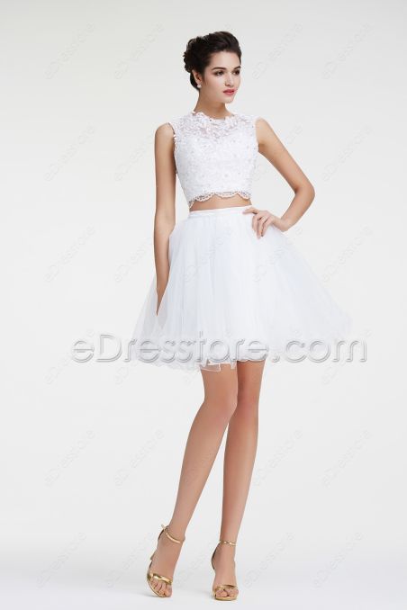 Backless White Two Piece Short Prom Dresses