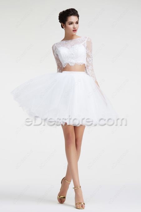White Modest Two Piece Short Prom Dresses Long Sleeves