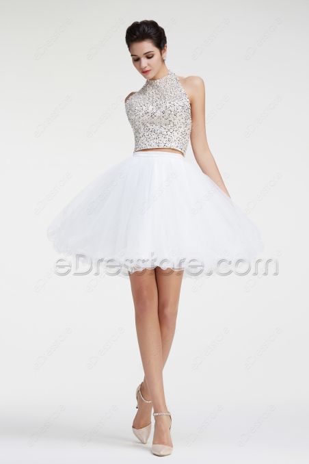 Halter Crystal Sparkly Two Piece White Short Prom Dresses