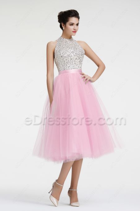 Beaded Crystal Halter Pink Homecoming Dresses