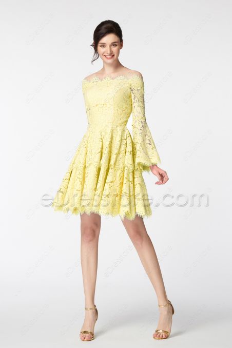 Yellow Scalloped Tiered Homecoming Dresses Long Sleeves