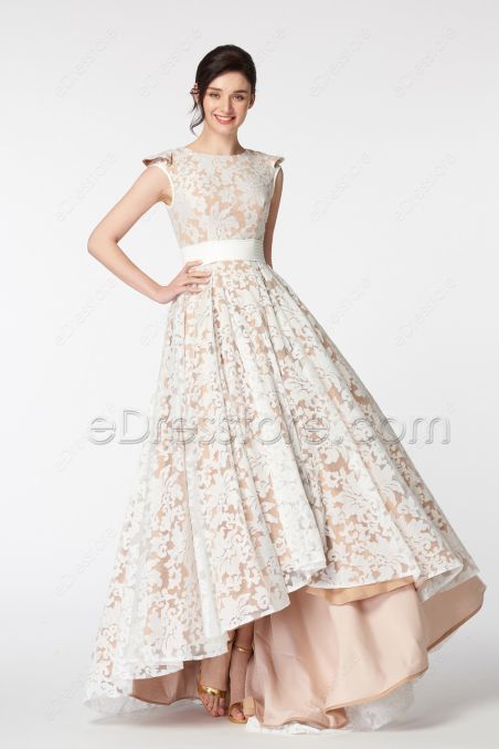 Modest White Lace Champagne High Low Prom Dresses Cap Sleeves