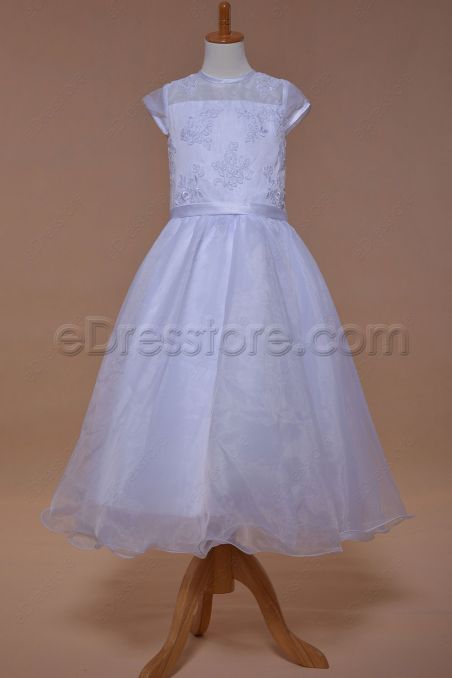 Cap Sleeves Modest First Communion Dress Tea Length