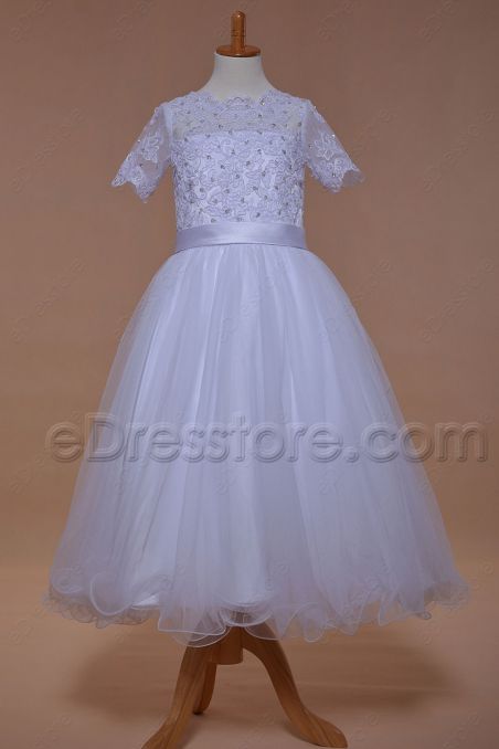 Modest Beaded Lace First Communion Dress Tea Length