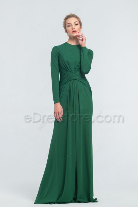 Emerald Modest Stretchy Prom Dresses Long Sleeves