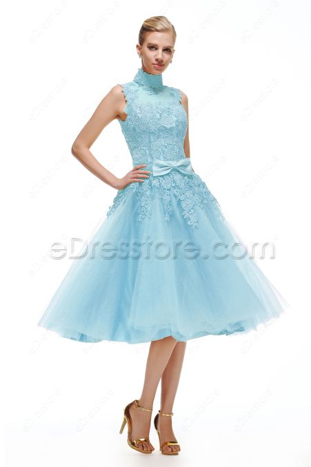 Light Blue Lace Vintage Prom Dresses Tea Length