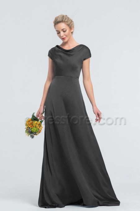 Minimalist Modest Black Satin Bridesmaid Dress Cowl Neck