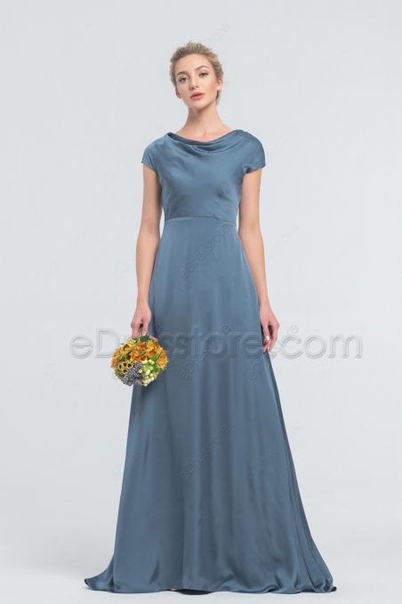 Minimalist Modest Dusty Blue Satin Bridesmaid Dresses Cowl Neck