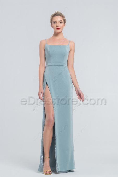 Minimalist Sea Glass Blue Satin Prom Dresses with Slit