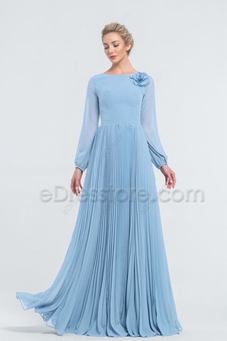 Modest Baby Blue Bridesmaid Dresses Long Sleeves