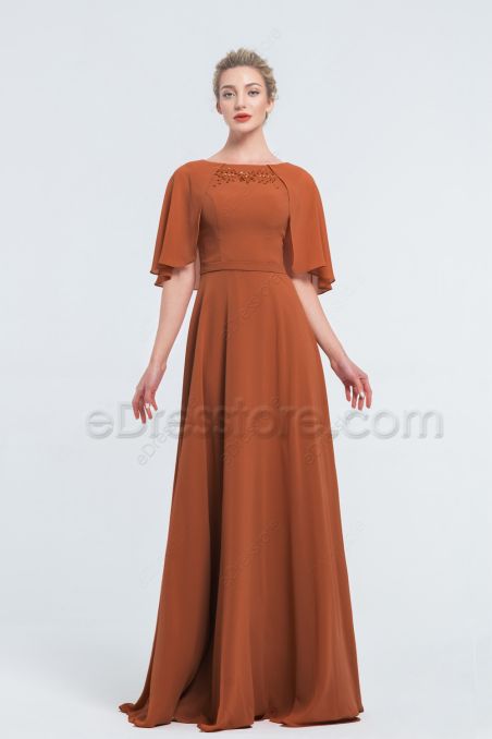 Modest Beaded Rust Color Bridesmaid Dresses with Cape Sleeves