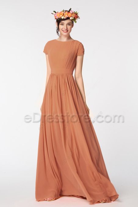 Modest Burnt Orange Bridesmaid Dresses Cap Sleeves