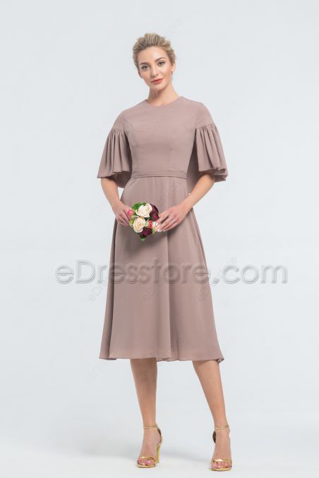 Modest Cinnamon Rose Midi Bridesmaid Dresses with Sleeves