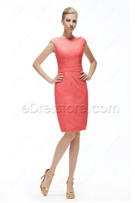 Modest Coral Bridesmaid Dress Knee Length