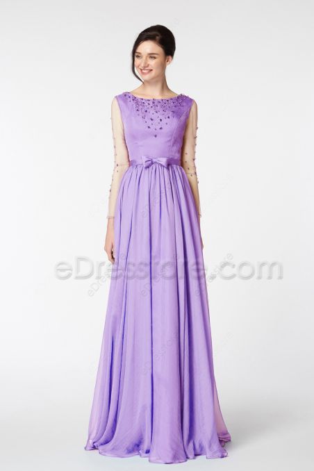 Modest Crystals Lilac Bridesmaid Dresses Long Sleeves