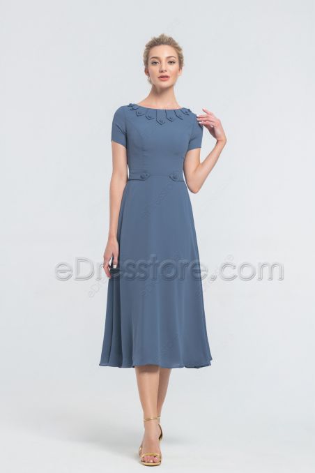 Modest Dusty Blue Midi Bridesmaid Dresses Short Sleeves