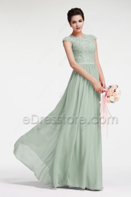 Modest Eucalyptus Green Lace Chiffon Bridesmaid Dresses