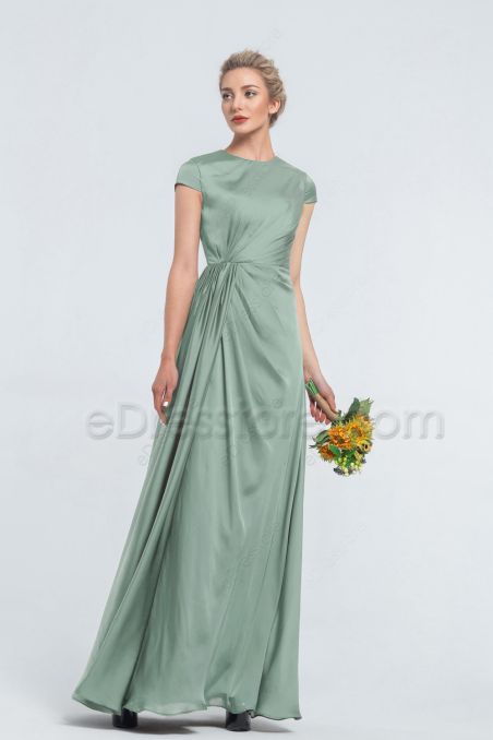 Modest Eucalyptus Satin Bridesmaid Dresses Cap Sleeves