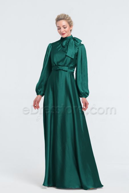 Modest Forest Green Satin Bridesmaid Dresses Long Sleeves Winter