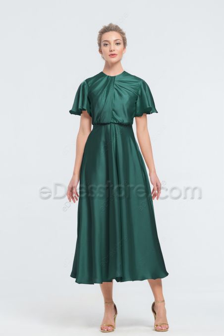 Modest Forest Green Satin Bridesmaid Dresses Tea Length