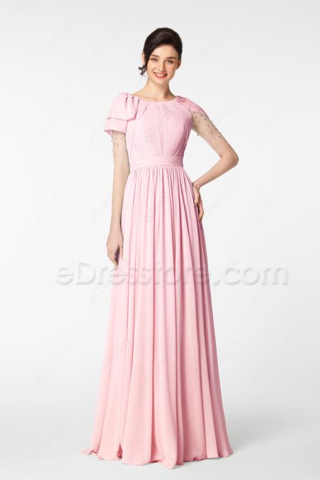 Modest LDS Baby Pink Bridesmaid Dresses