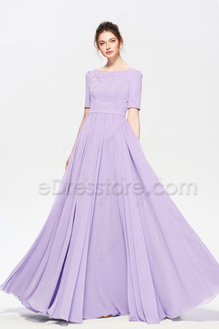 Modest LDS Beaded Light Purple Bridesmaid Dresses Elbow Sleeves