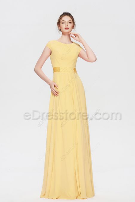 Modest LDS Beaded Pale Yellow Bridesmaid Dresses Cap Sleeves