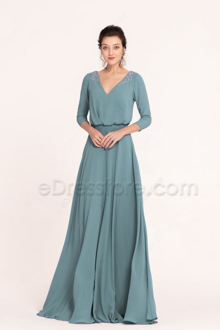 Modest LDS Beaded Sea Glass Bridesmaid Dresses With Sleeves