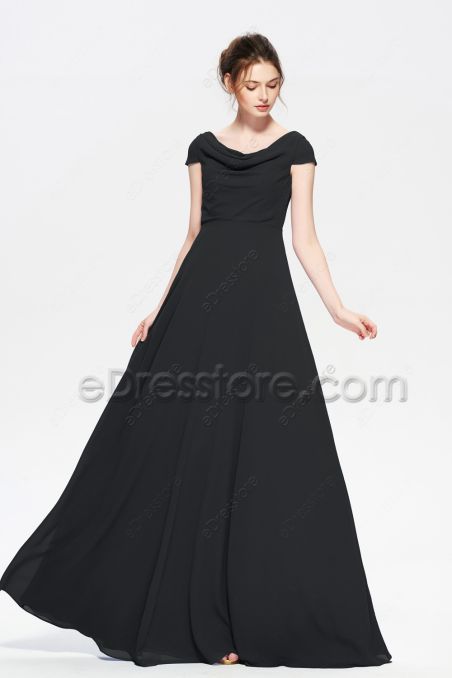 Modest LDS Black Bridesmaid Dresses Cowl Neck