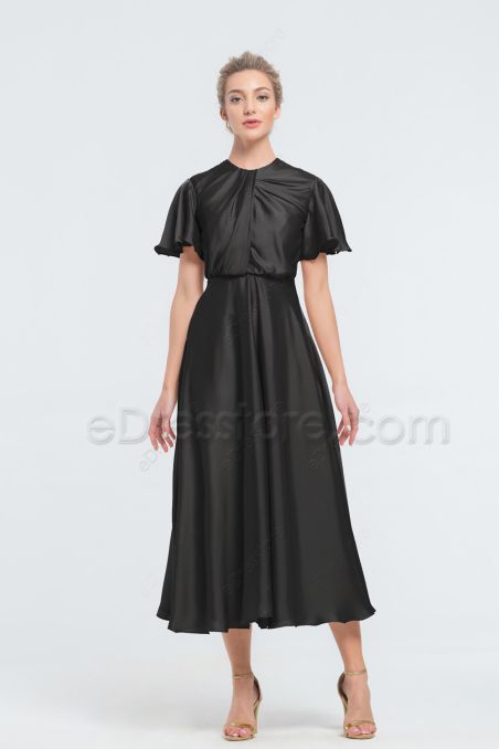 Modest LDS Black Satin Bridesmaid Dresses Tea Length