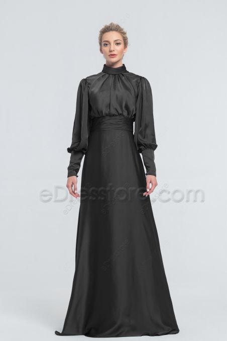 Modest LDS Black Satin Winter Bridesmaid Dresses