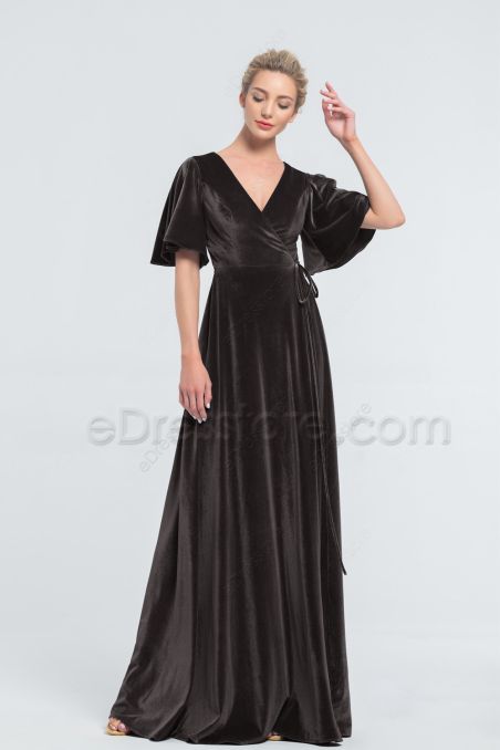 Modest LDS Black Velvet Wrap Bridesmaid Dresses with Flutter Sleeves