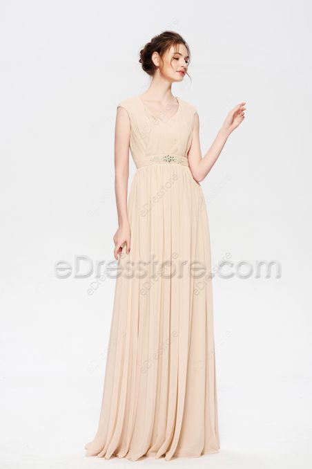 Modest LDS Champagne Bridesmaid Dresses Cap Sleeves