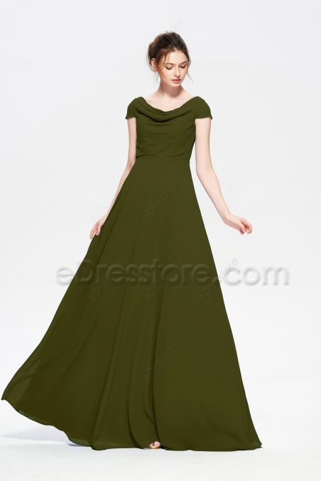 Modest LDS Dark Olive Green Bridesmaid Dress Cowl Neck