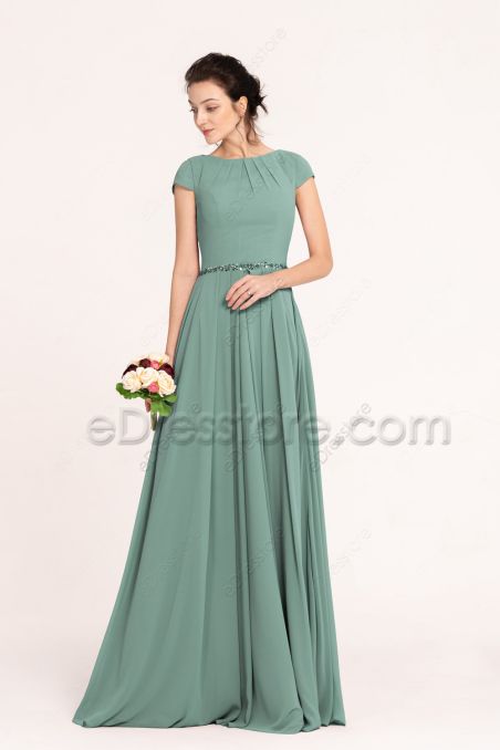 LDS Modest Eucalyptus Green Bridesmaid Dresses | eDresstore