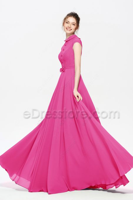 Modest LDS Hot Pink Bridesmaid Dresses Long