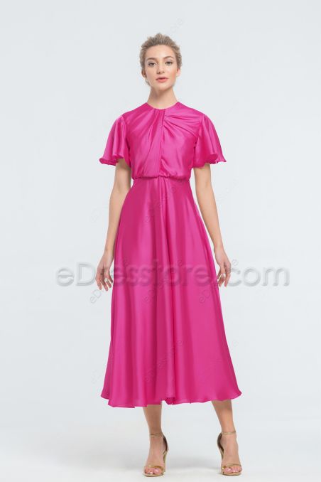 Modest LDS Hot Pink Satin Bridesmaid Dresses Midi Length