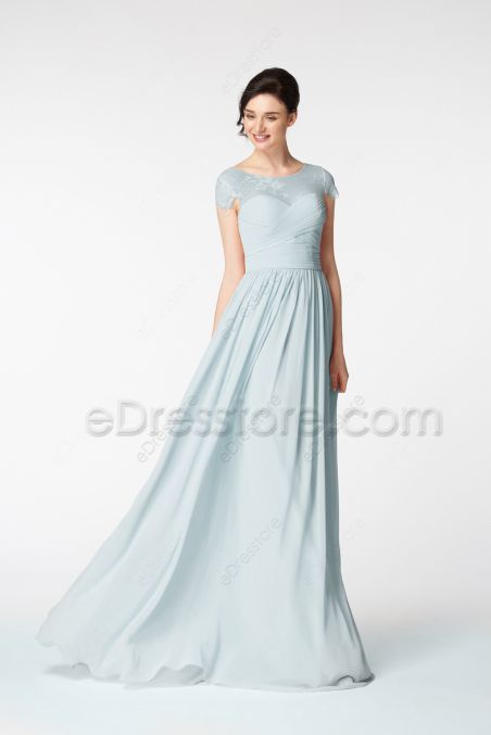 Modest LDS Ice Blue Bridesmaid Dresses Cap Sleeves