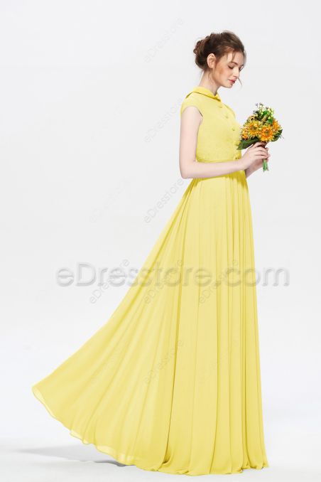 Modest LDS Light Yellow Beaded Bridesmaid Dresses with Buttons
