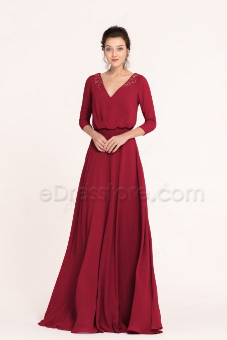 Modest LDS Maroon Bridesmaid Dresses with Sleeves