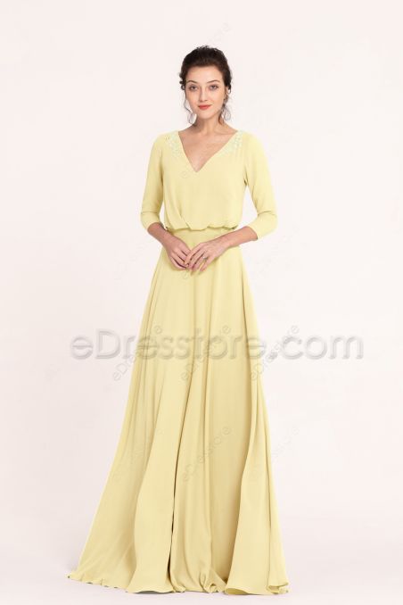 Modest LDS Pale Yellow Bridesmaid Dresses with Sleeves