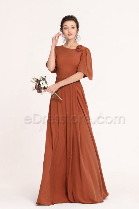 Modest LDS Plus Size Rust Orange Bridesmaid Dresses with Flutter Sleeves