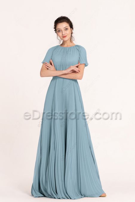 Modest LDS Sea Glass Blue Bridesmaid Dresses with Sleeves