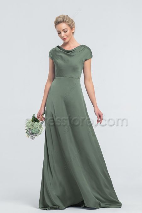 Modest LDS Simple Moss Green Satin Bridesmaid Dresses