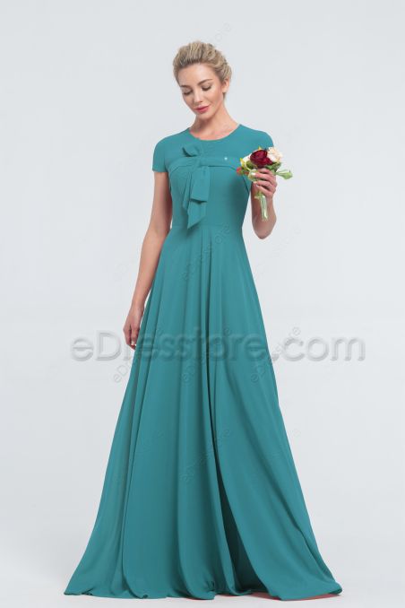Modest LDS Turquoise Bridesmaid Dresses Cap Sleeves