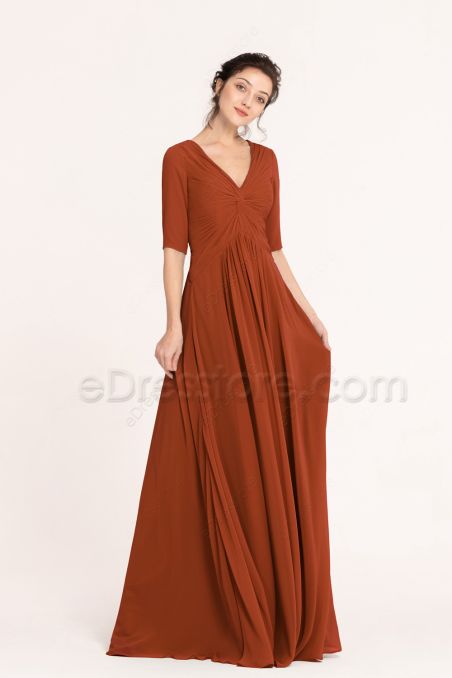 Modest LSD Rust Colored Maternity Bridesmaid Dress Elbow Sleeves