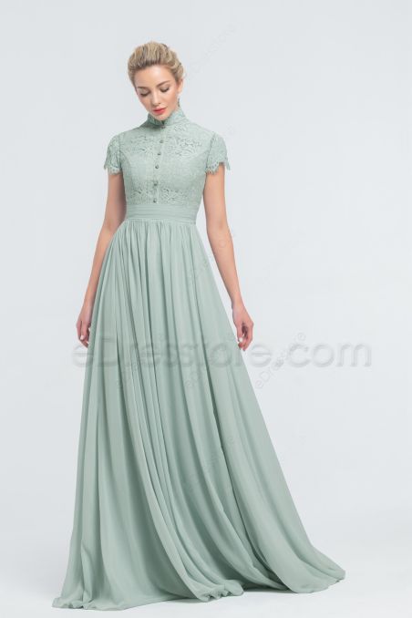 Modest Mint Green Bridesmaid Dresses Lace Chiffon