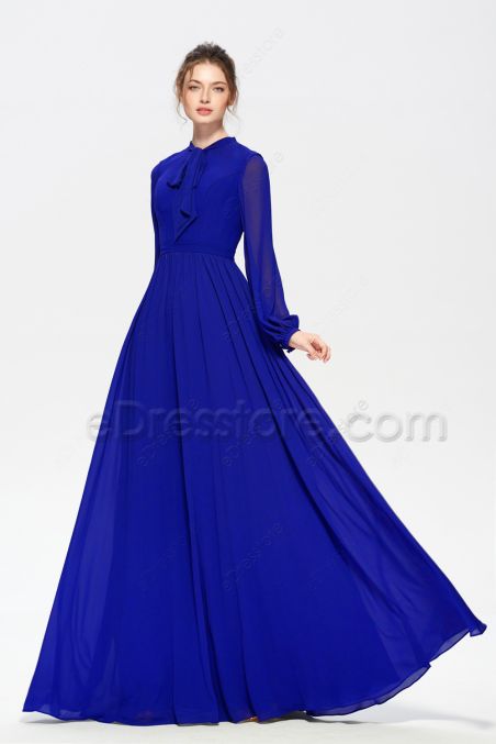 Modest Mormon Cobalt Blue Bridesmaid Dresses Long Sleeves